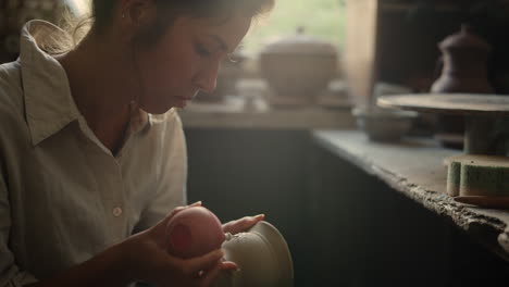 Serious-woman-drawing-on-clay-pot-in-workshop.-Artist-doing-handcraft-in-studio