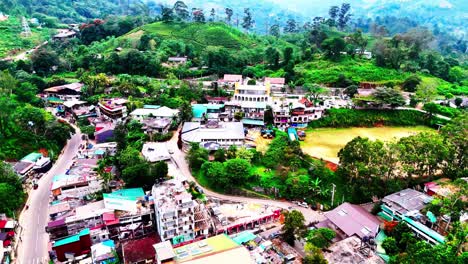 a colorful hillside town in central sri lanka unfolds beside winding roads and green tea fields, surrounded by dense vegetation and highland mist.