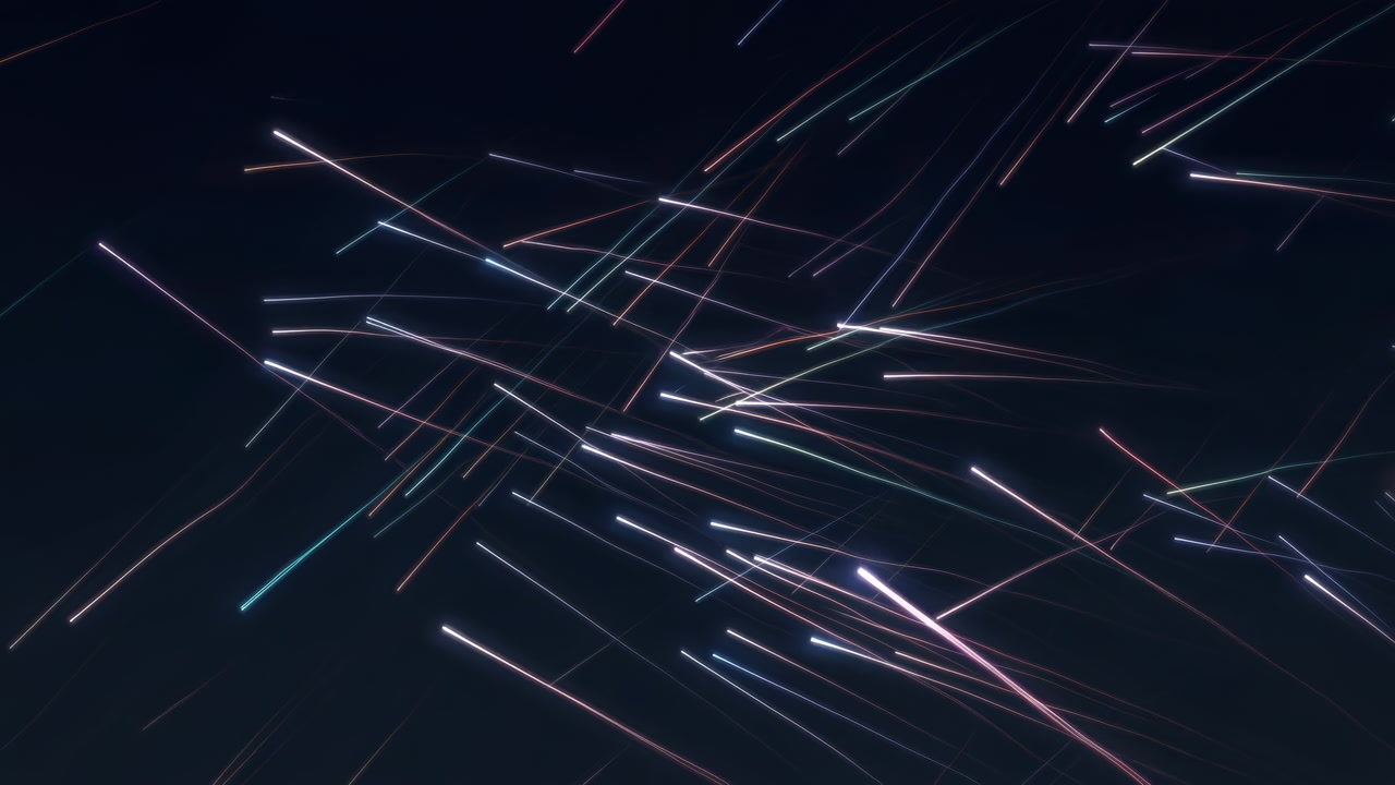 Neon Light Streaks Racing Through Darkness, Fast Particle Trails Creating Futuristic Meteor Shower Effect,