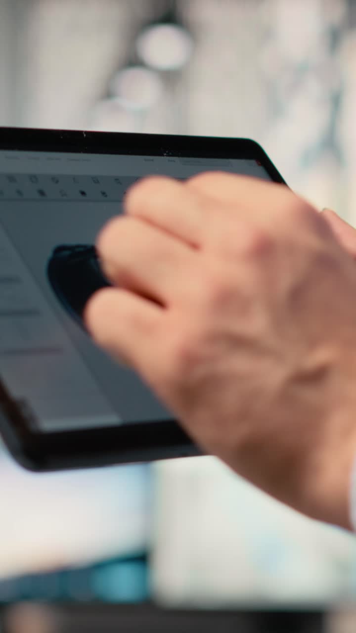 Close up of engineer using CAD app on tablet to make wind turbine more sustainable