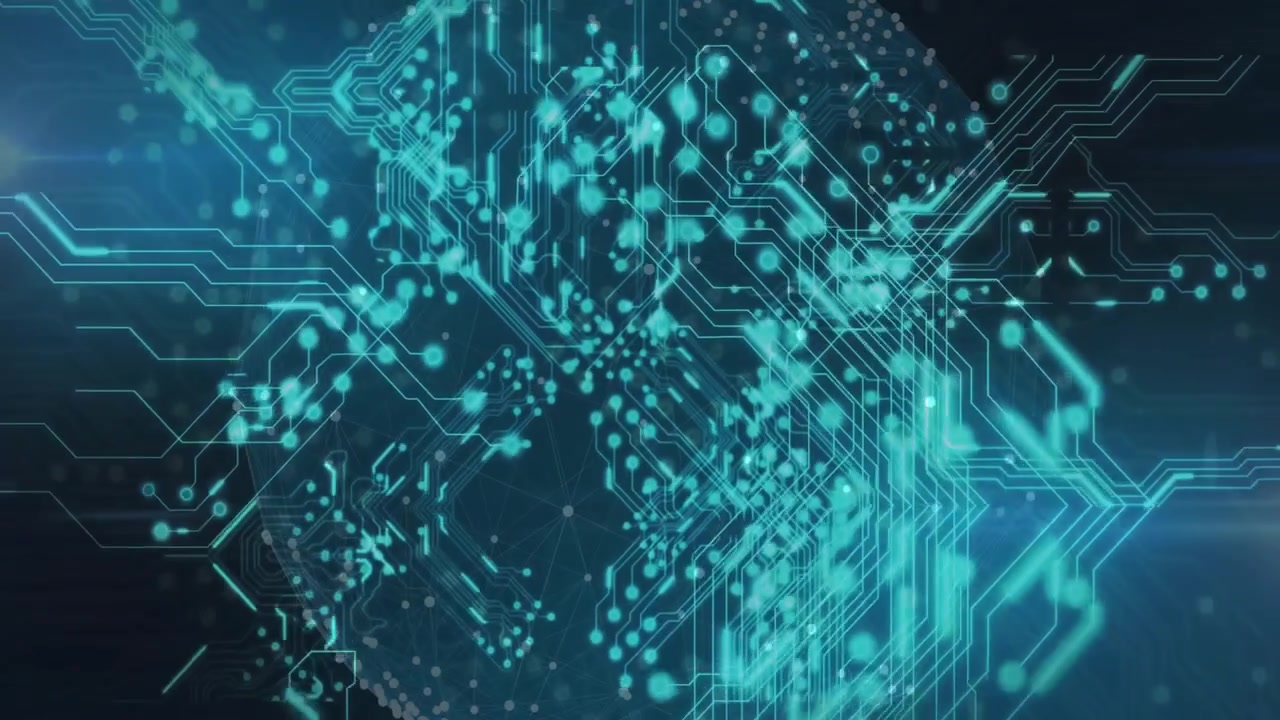 Digital Circuit Board Animation with Glowing Data Connections