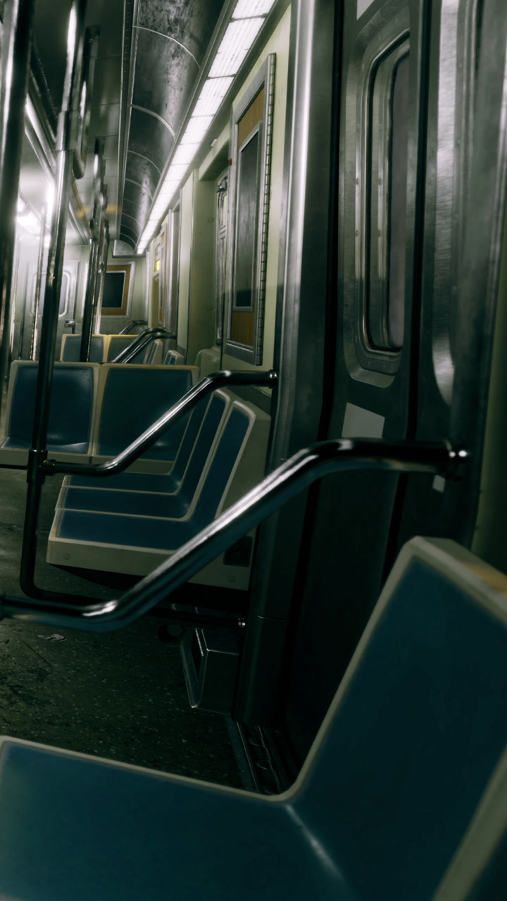 Empty subway train car surrounded by silence and shadows at night
