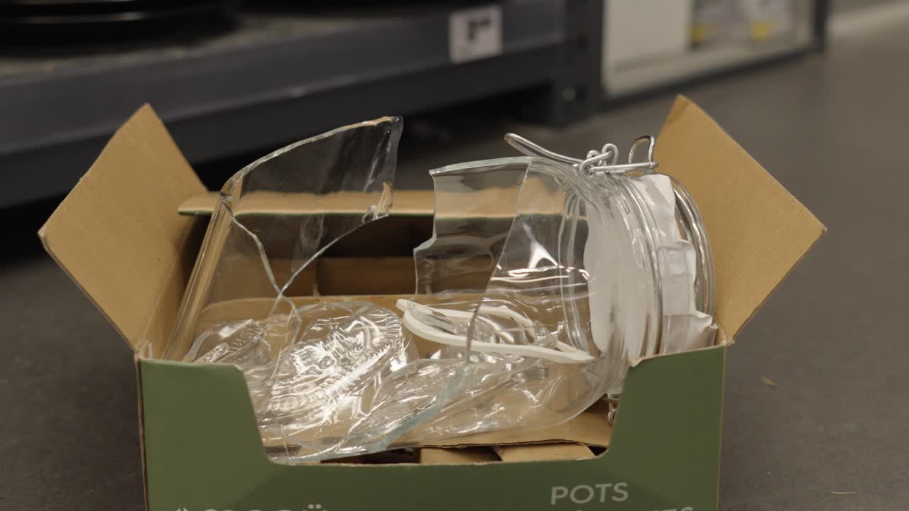 close-up of a broken glass jar on the floor within a shop
