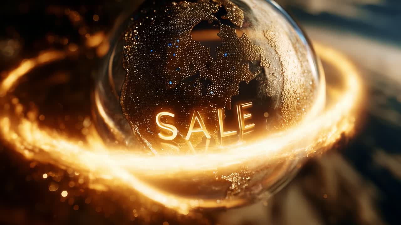 Global Sale: A Captivating Display of Economic Connectivity and Opportunity as the Glowing 'SALE' Sign Illuminates Earth in a Dynamic, Spiraling Universe