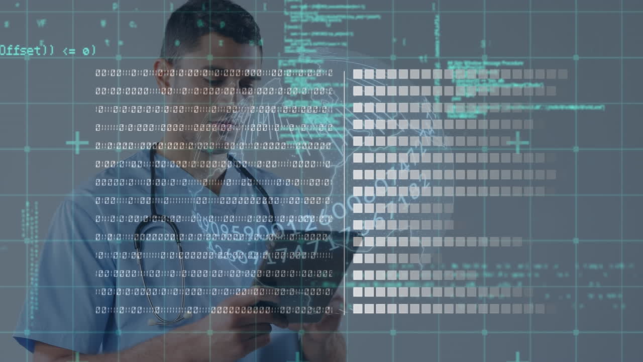 Animation of data processing and globe over biracial male doctor using tablet