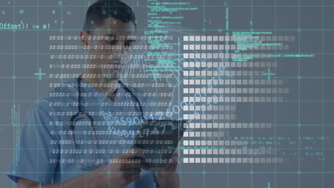 animación del procesamiento de datos y el mundo sobre un médico masculino biracial que usa una tableta