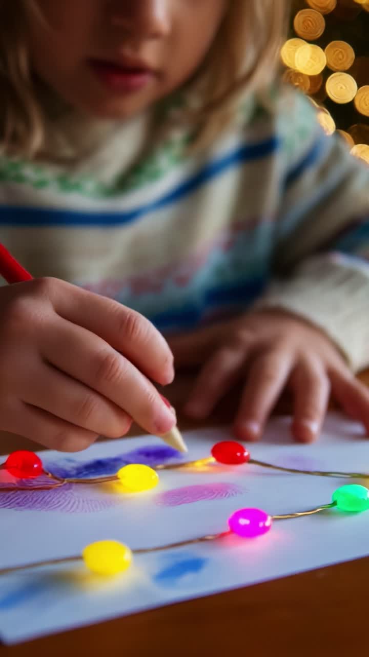 A young child's hands delicately apply color to a creative drawing, surrounded by vibrant colorful lights, each stroke revealing imagination and the joy of artistic expression through playful designs