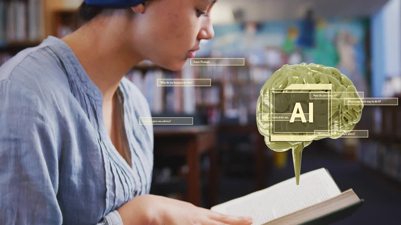animación de un texto, cerebro y datos sobre una estudiante biracial con hijab leyendo un libro
