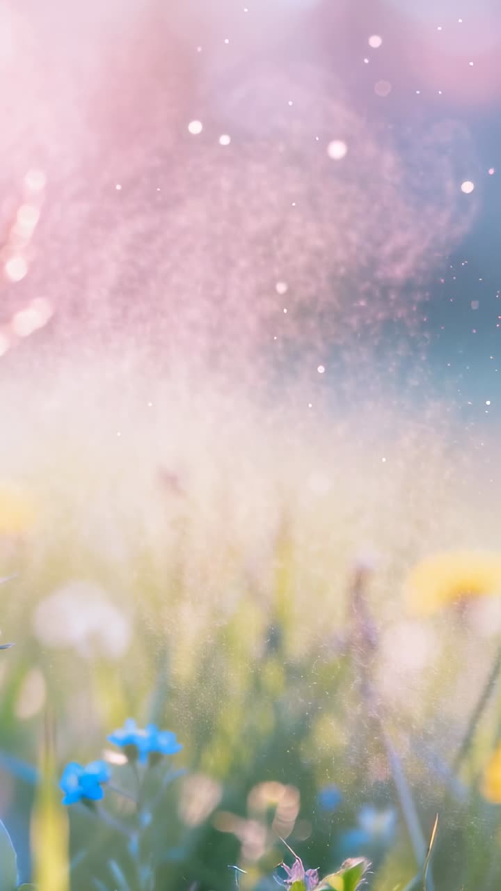 Vertical video: Shifting camera focus showing grass and tiny blue buds in meadow, to show pollen