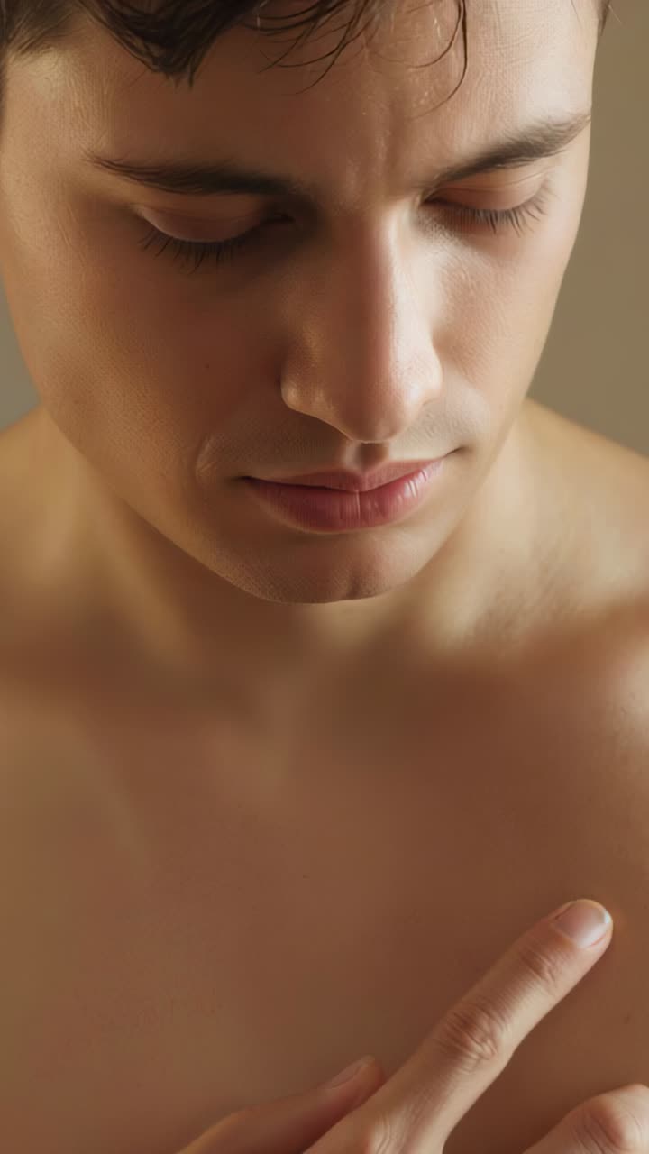 Vertical video: Lowering chin, shirtless man moving right index finger across upper chest in studio