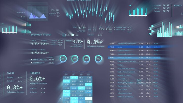 Animation of financial data processing over dark background