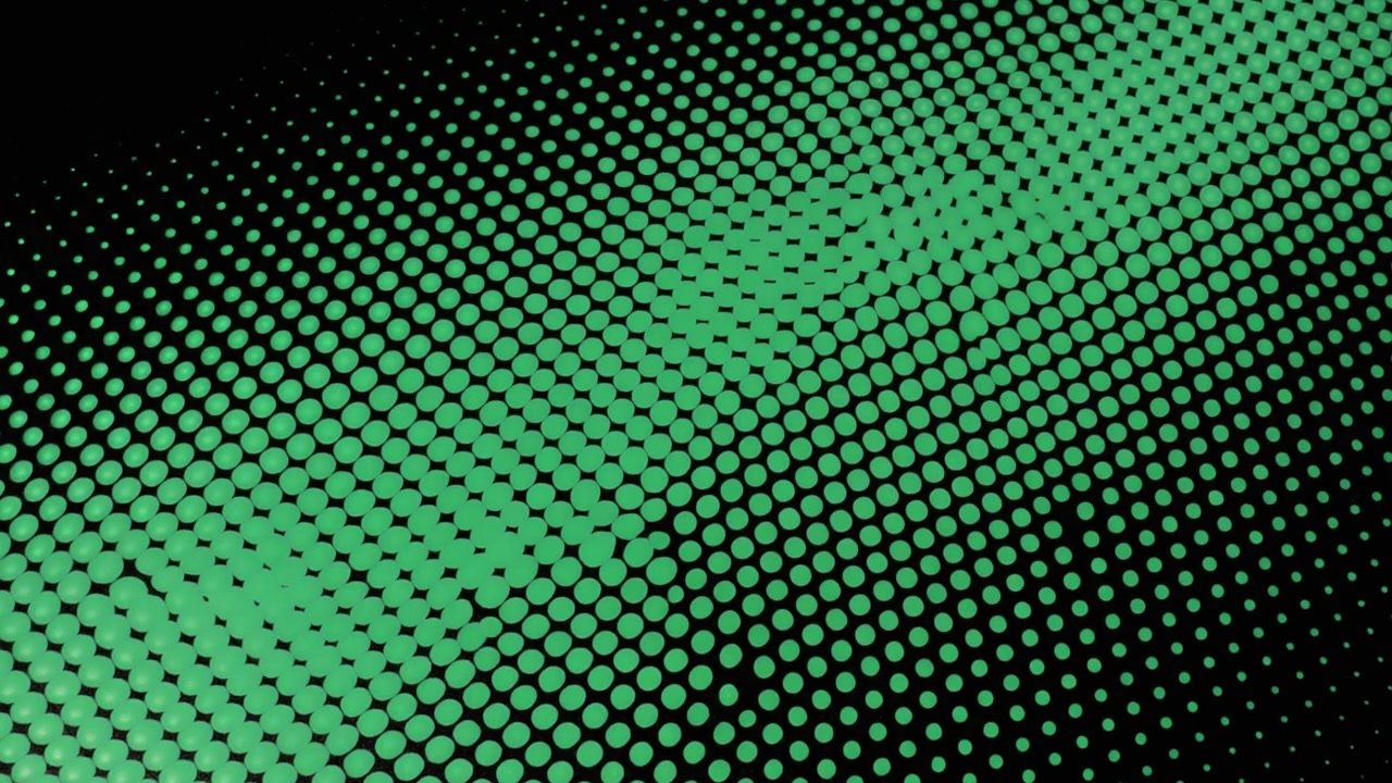 Motif abstrait de points de trame verts se déplaçant sur fond noir
