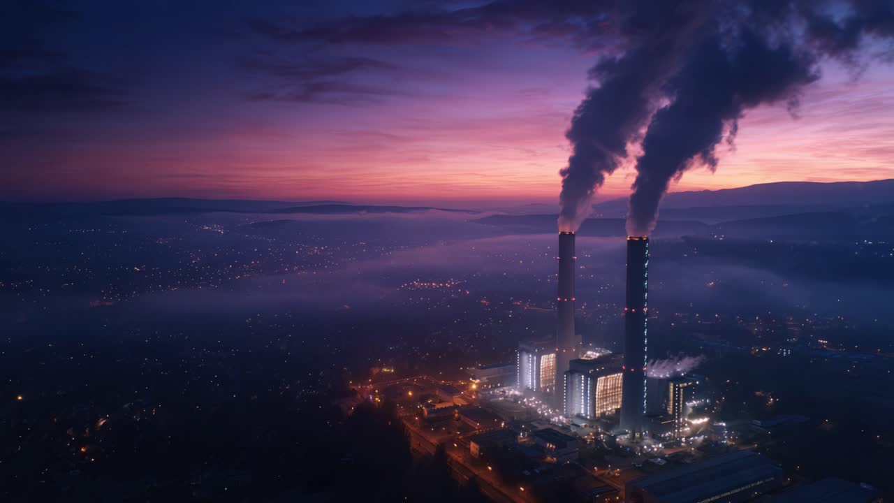 Vista aerea di una centrale elettrica industriale al tramonto, con emissione di fumo da alte ciminiere su uno sfondo di cielo colorato e luci della città in lontananza.