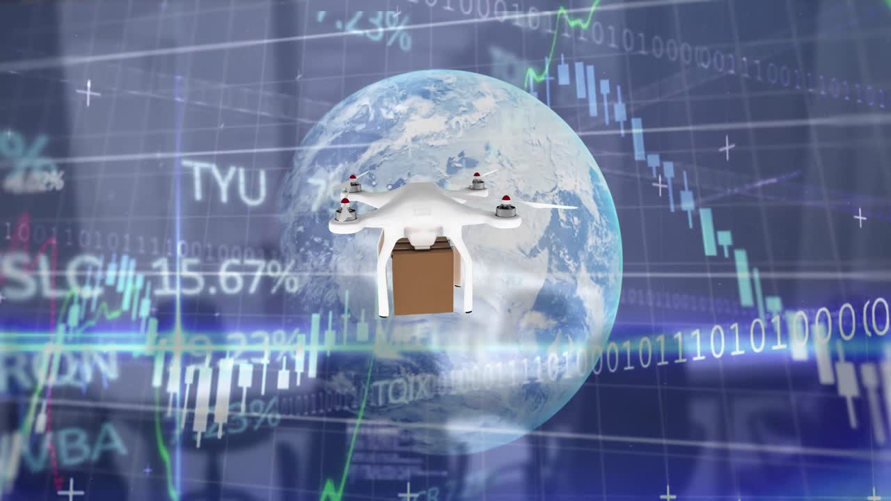 빈 사무실 위에 카드보드 상자와 데이터 처리를 운반하는 드론의 애니메이션