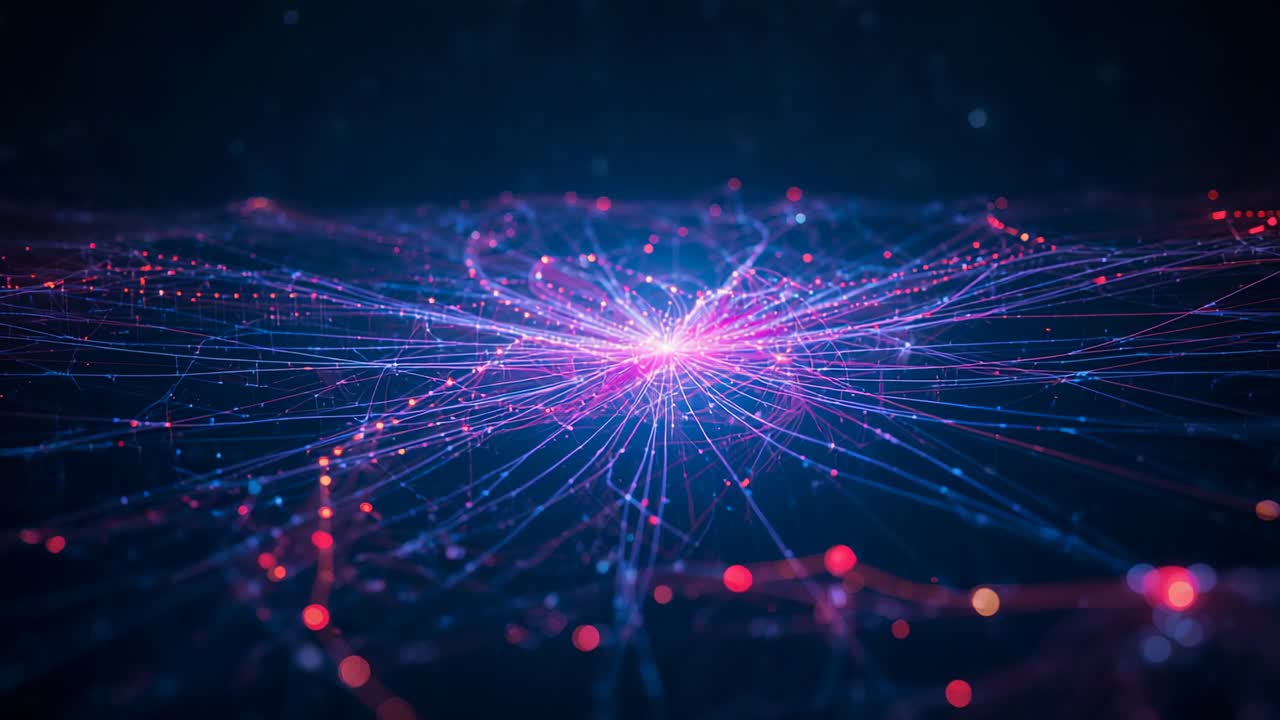 Starting network visualization pulsing on dark canvas, with central hub, radiating lines, and nodes