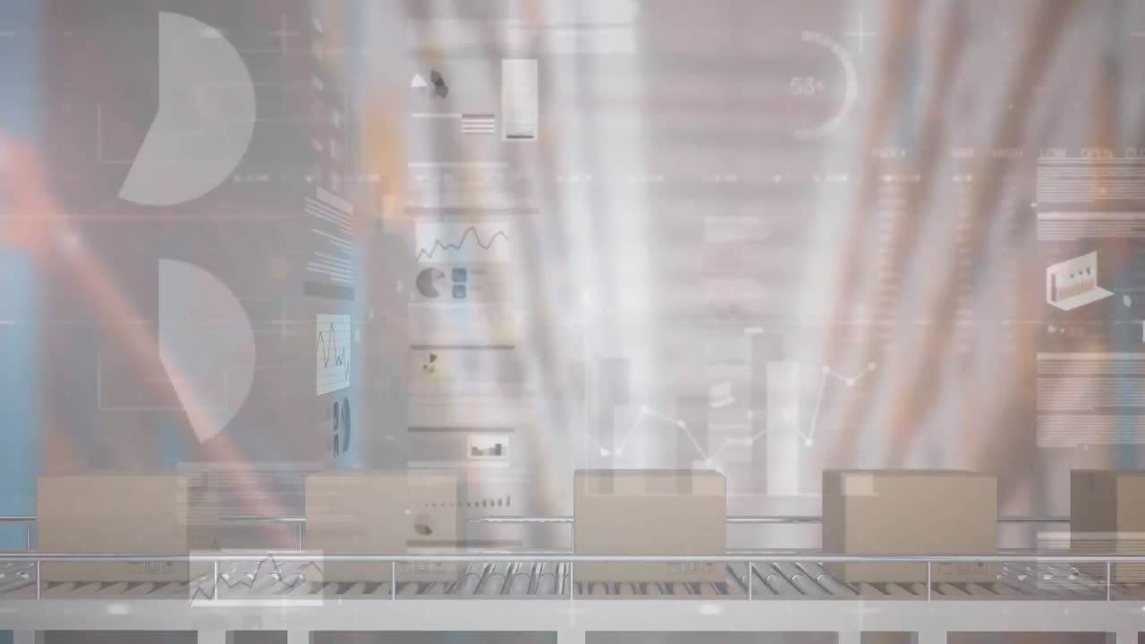 배경에서 컨베이어 벨트에 있는 카드보드 상자 위에서 통계 처리의 애니메이션