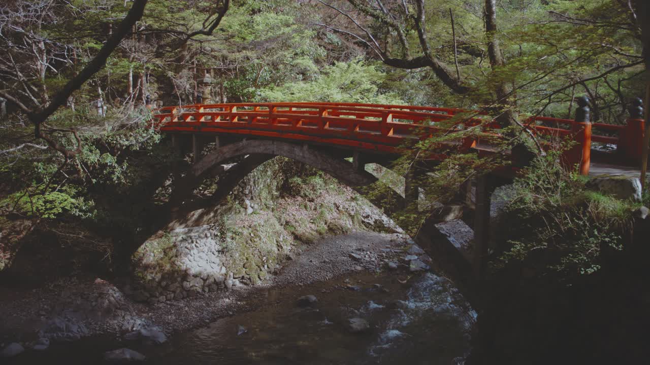 A picturesque red bridge spans a tranquil river amid lush green foliage in Takaosan, Japan, capturing the serene beauty of nature.