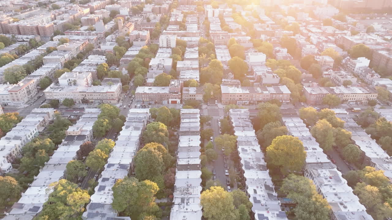 Aerial view of Brownstones in Brooklyn. Shot at sunrise in Crown Heights.