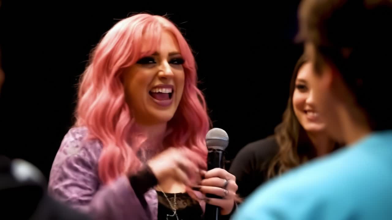 Dynamic Interaction at a Panel Discussion Featuring a Speaker with Vibrant Pink Hair Engaging the Audience with Laughter and Insightful Commentary