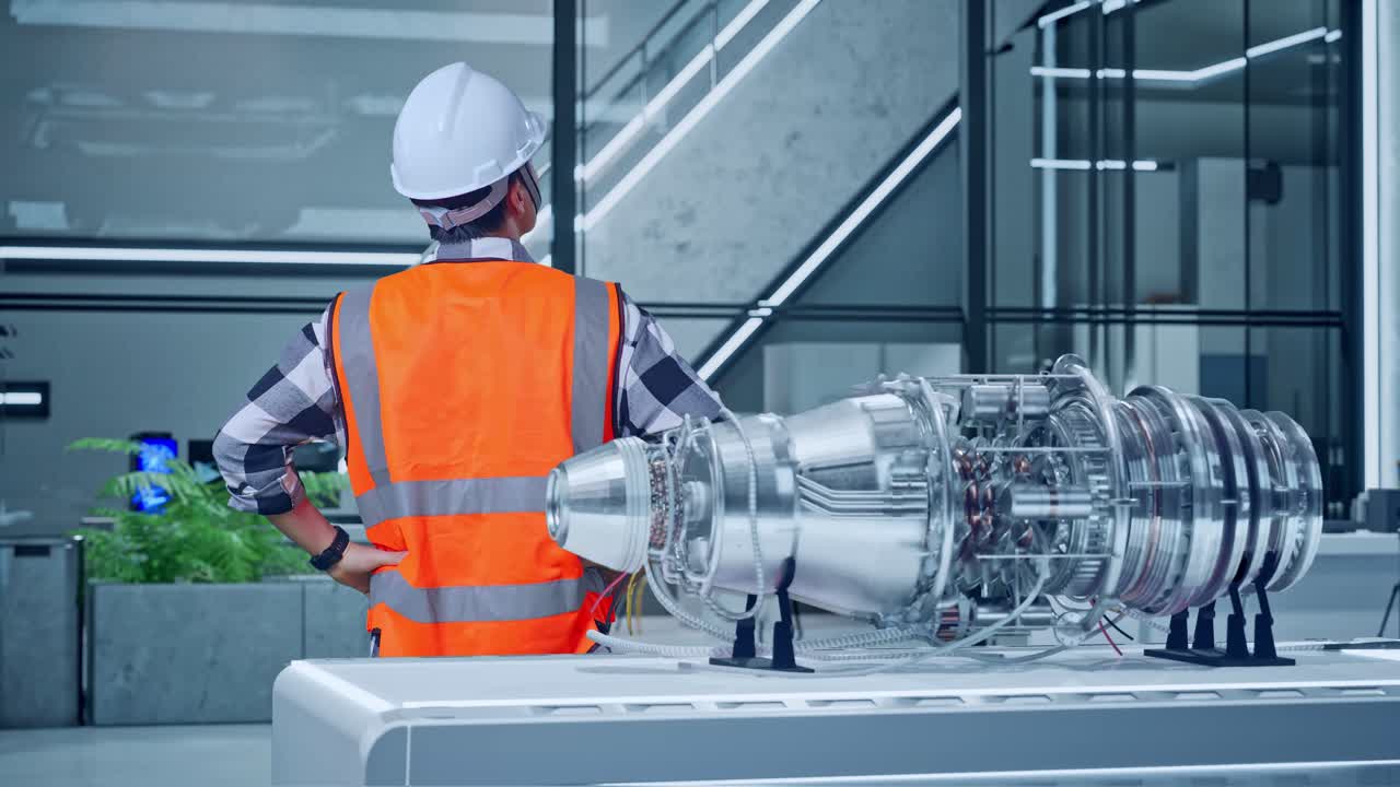 ingegnere che esamina un modello di motore a reazione in una struttura moderna