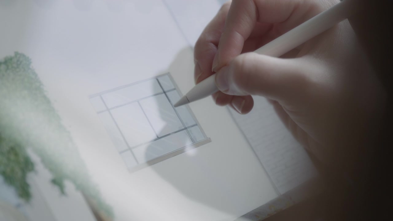 Um artista desenhando a janela de uma casa em um tablet, criando arte digital
