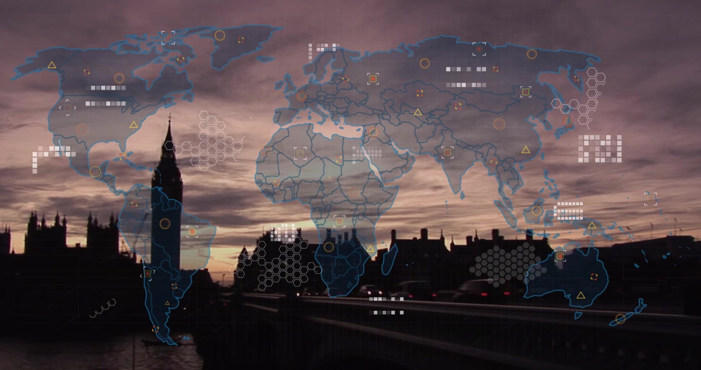Wereldwijd digitaal netwerk-overlay op stadsgezicht van Londen met Big Ben bij zonsondergang