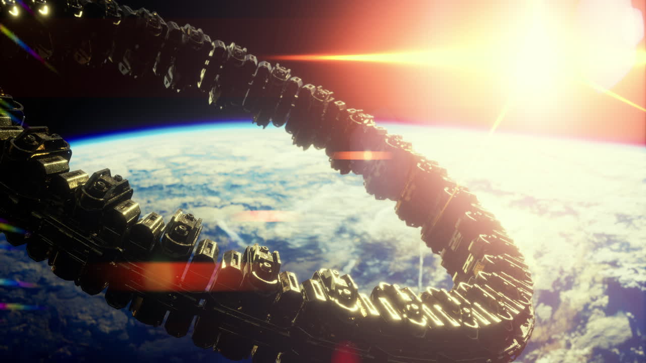 Orbital structure surrounding earth during sunrise over the horizon
