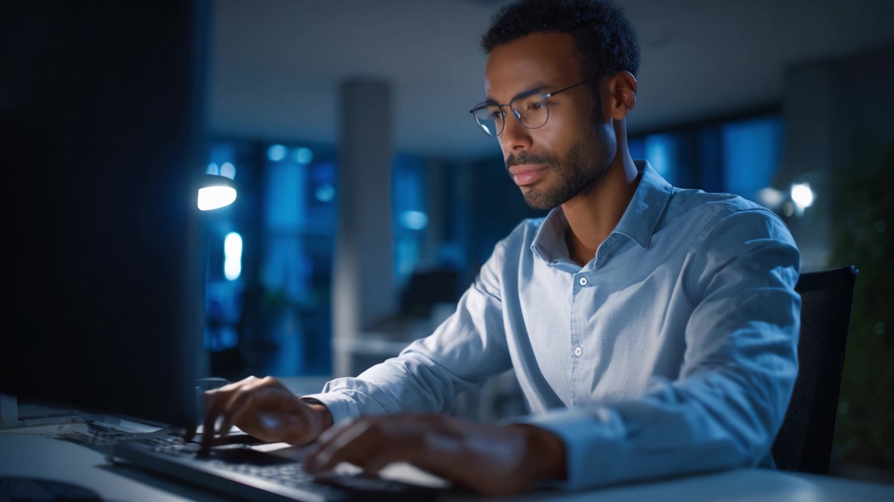 Focused Individual Working Late at Night on Computer, Wearing Glasses, Illuminated by Soft Blue Light in Modern Office Environment