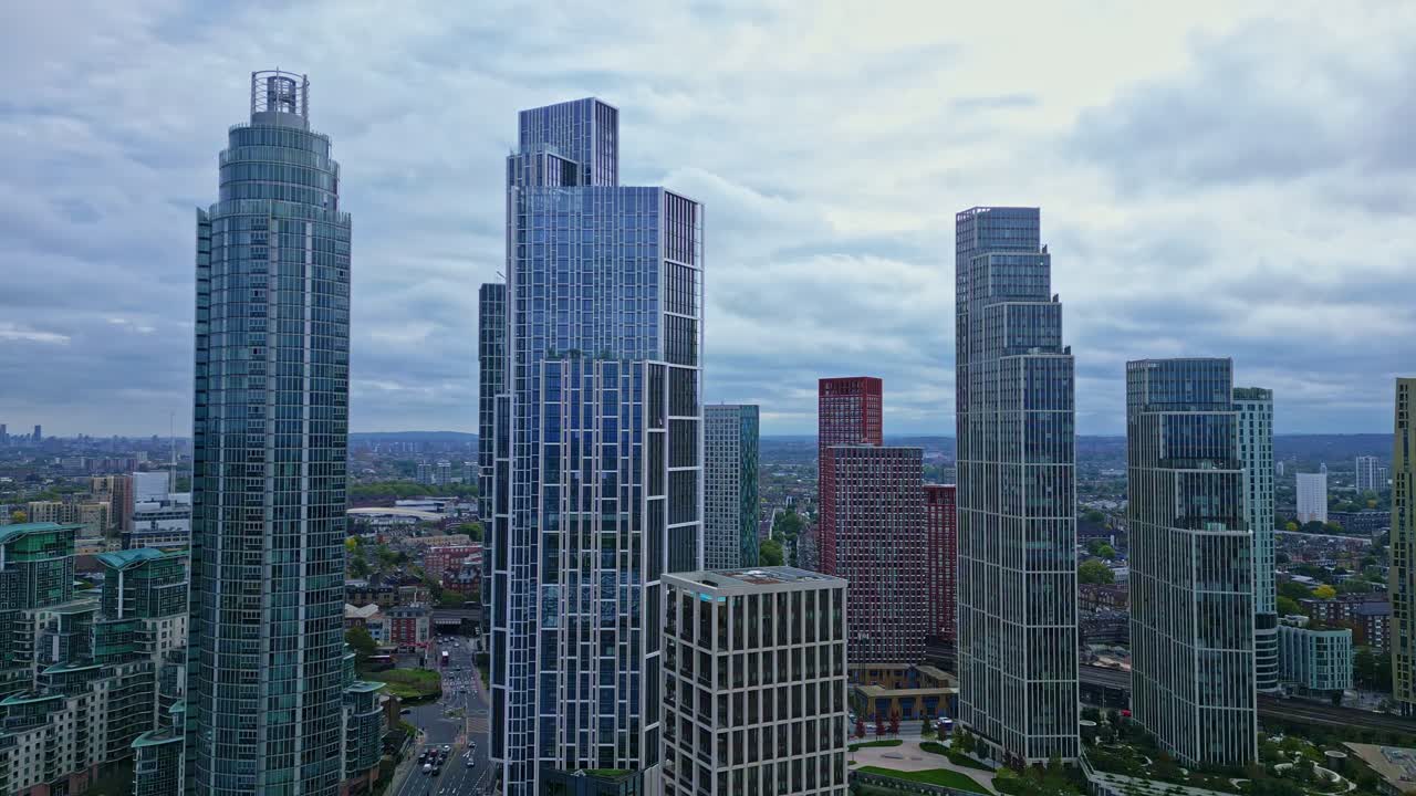 St. George Wharf Tower modern skyscraper in receding drone movement, London, England.
