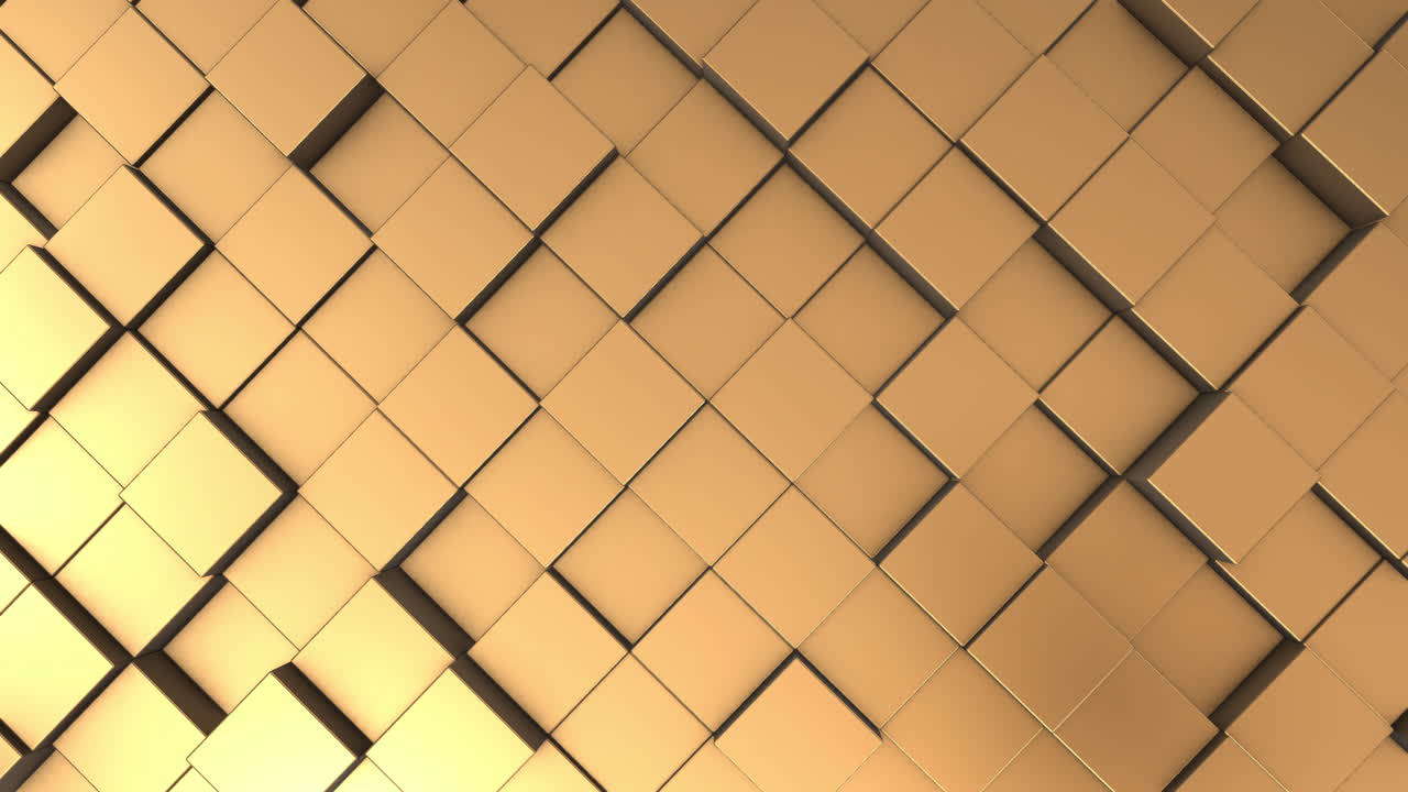 Abstract animation of golden square blocks. Geometric pattern. Random movement of 3D cylinders.