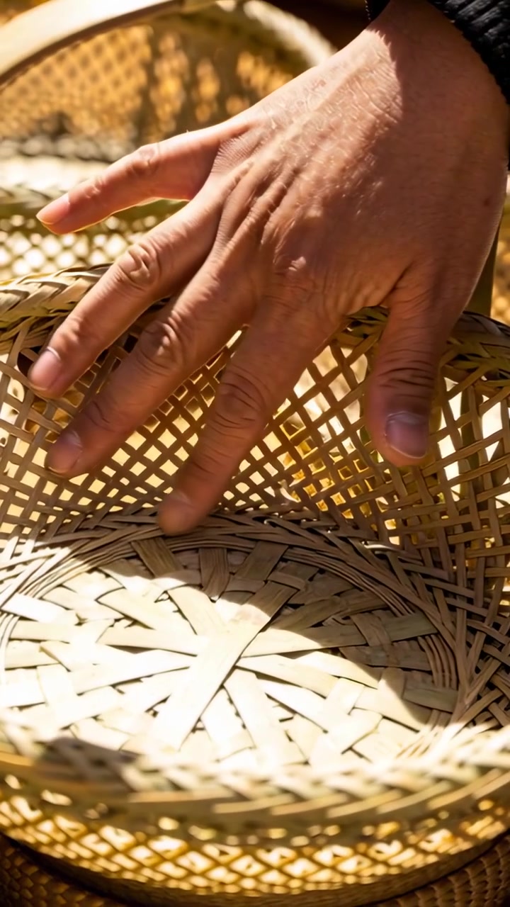 Video verticale: Una mano con manica a coste tocca e ispeziona cesti sotto il sole, rivelando una trama a strati.