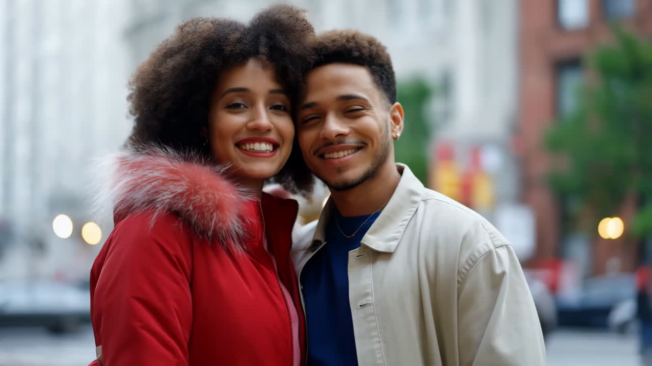 Casal jovem e feliz sorrindo e olhando um para o outro na cidade