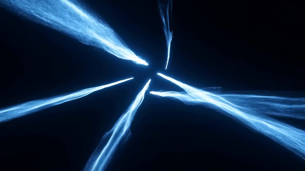 Dark minimalist scene with bright blue light streaks moving in from the edges against a black background, forming a futuristic geometric composition with motion centered in the frame