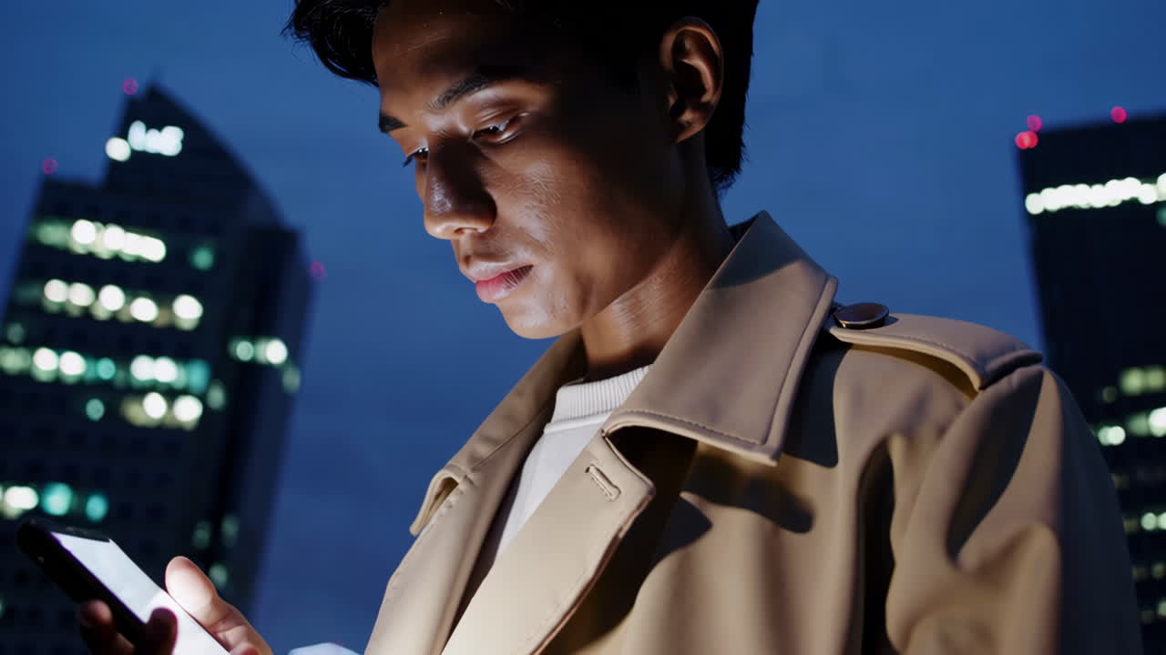 Young Man Using Smartphone at Night in City