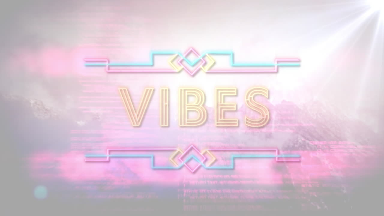 animación de la palabra vibra en amarillo con elementos gráficos sobre datos rosados y luz solar