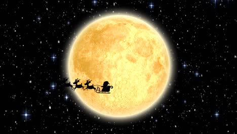 nieve cayendo sobre santa claus en trineo siendo tirado por renos contra la luna y las estrellas brillantes