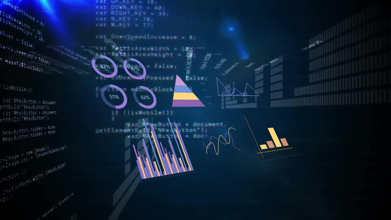 Animation of financial data processing over dark background