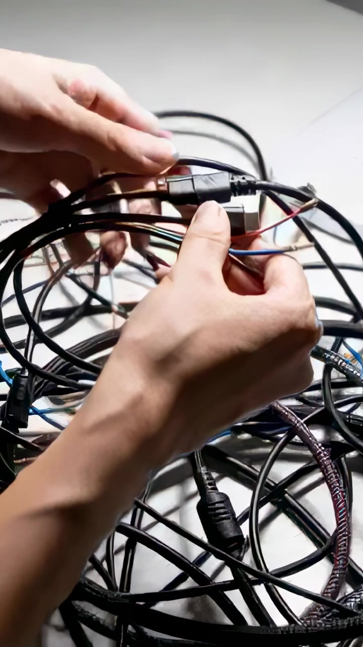 Vertical video: Pulling hands with short sleeves exposing colored wires on table, fitting USB plug