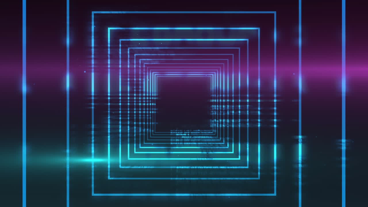 Tunnel with glowing squares moving in repetition on black background