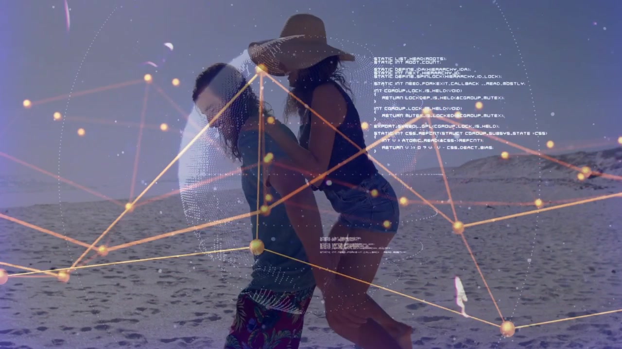 Woman placing hands, climbing onto man's back for fun while tech globe overlay rotating with nodes