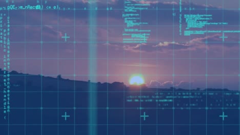 animation of data processing over landscape at sunset