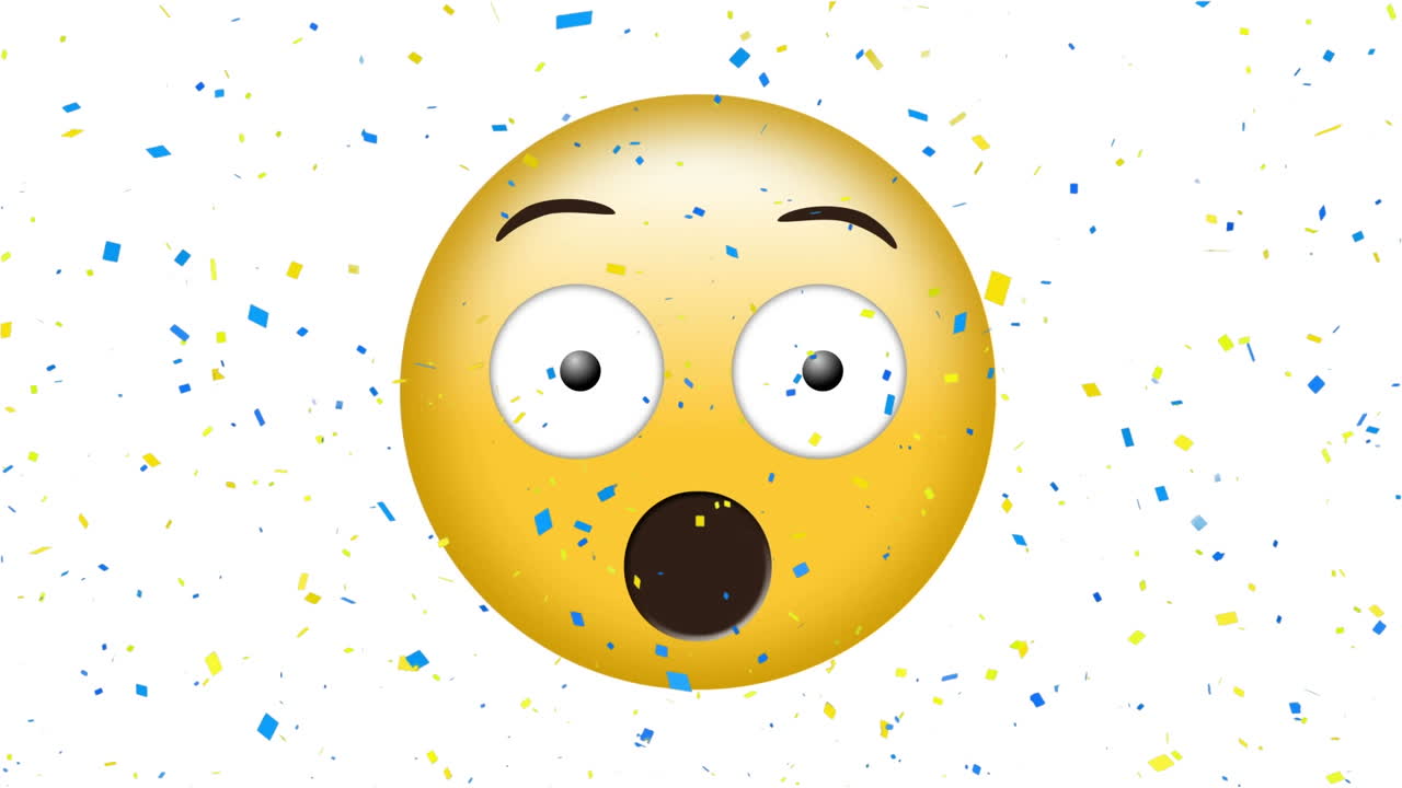 animación del icono emoji asustado sobre el confeti que cae sobre un fondo blanco