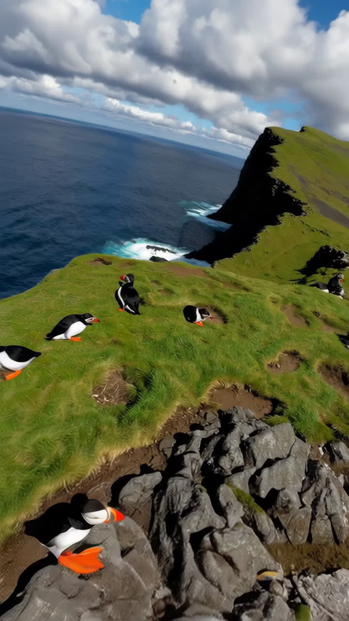 Puffins on Coastal Cliffs and in Flight