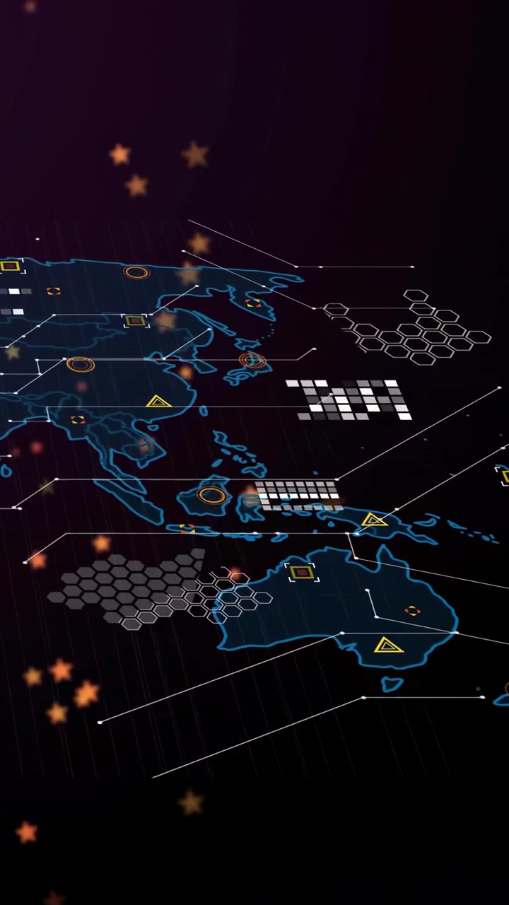 Vertical video: Neon APAC map sliding right on start, HUD overlays pulsing, scanning to show nodes