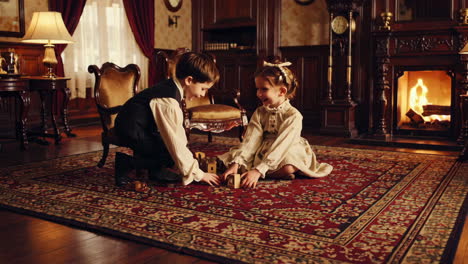 children playing with wooden blocks in an antique living room