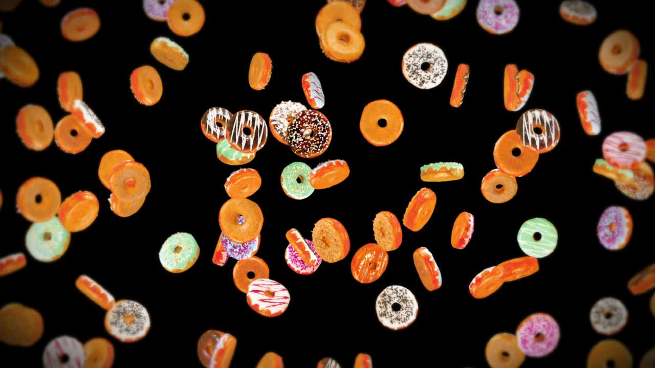 Viele bunte Donuts fliegen auf schwarzem Hintergrund. Donut-Kuchen, Süßigkeiten, Dessert. 3D-Animation eines rotierenden Donuts. Schleifenanimation