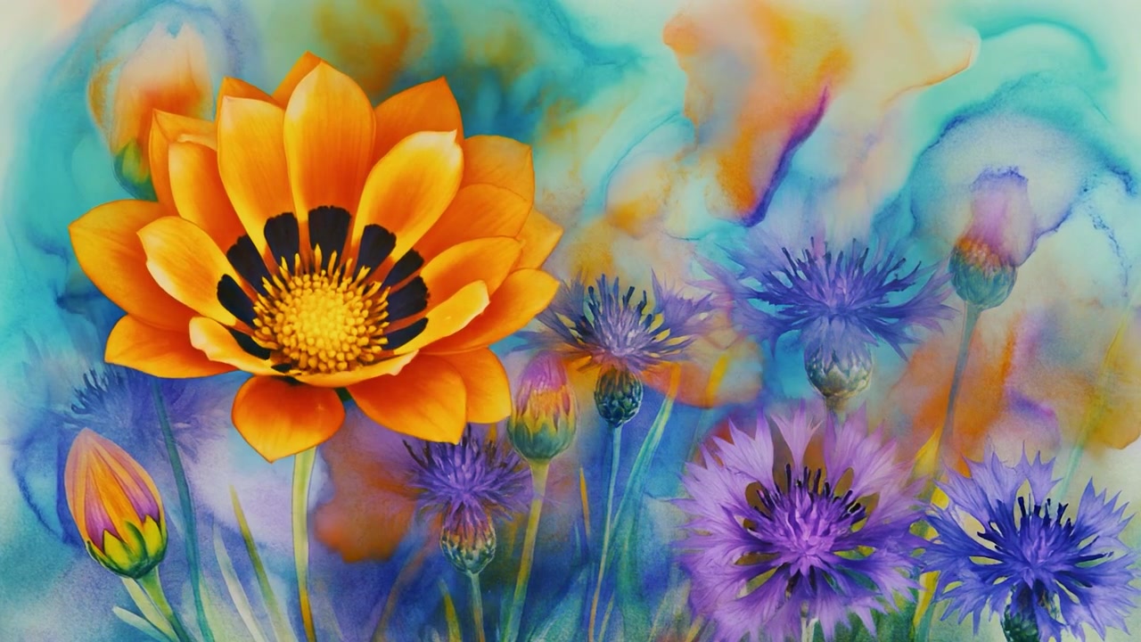 Flor de gazania naranja floreciendo entre acianos morados en estilo acuarela