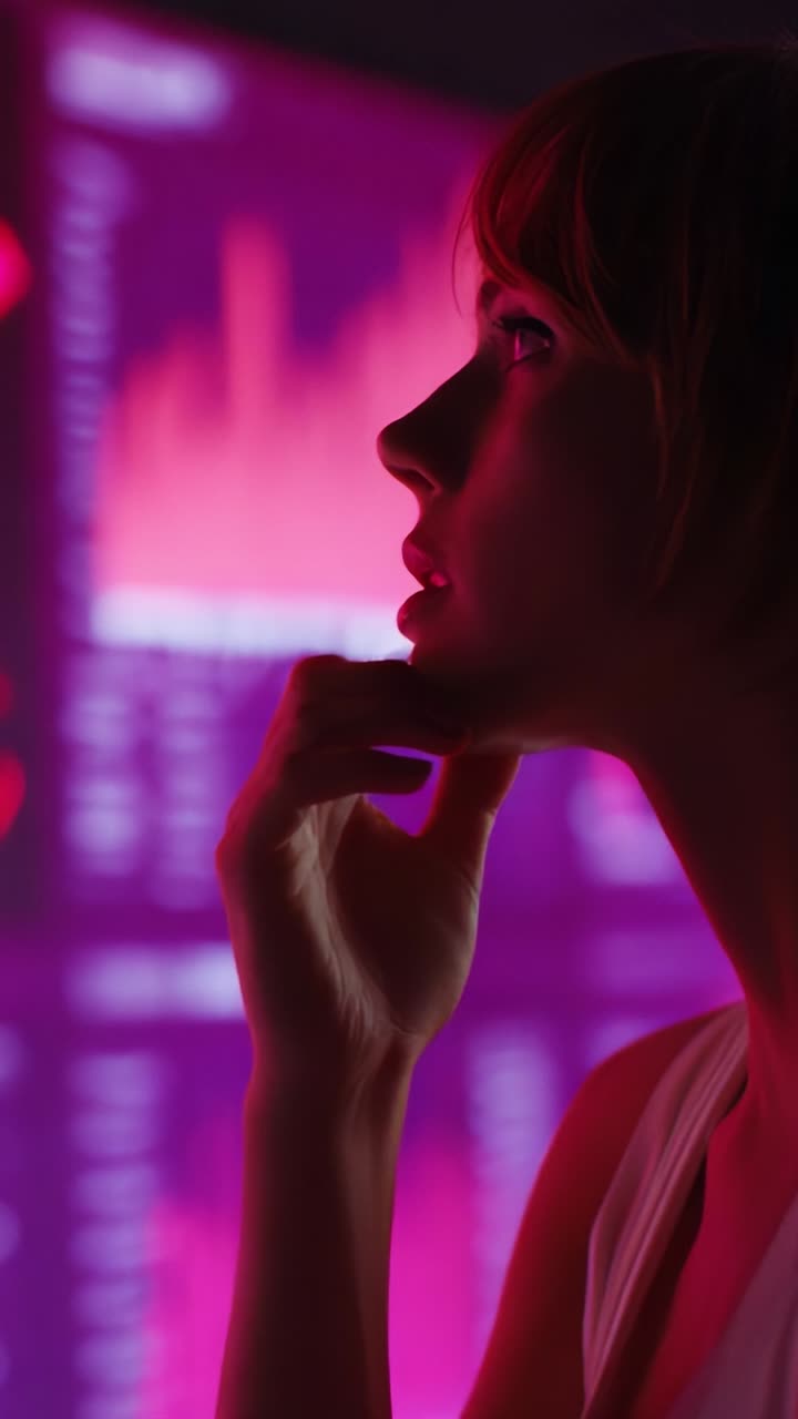 Contemplative Moment: A Profile View of a Woman Deep in Thought Against a Vibrant Background of Dynamic Colors and Graphical Elements
