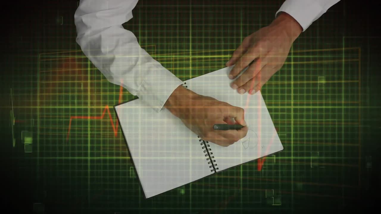 animación de una persona dibujando en un cuaderno sobre un monitor de latidos cardíacos en el fondo.