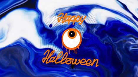 animation of happy halloween text and eye over blue and white background